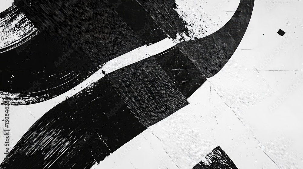 Poster a bold abstract composition with sharp contrasts, intricate textures, and sweeping black-and-white s