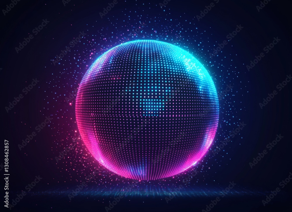 Poster suspended in darkness, a radiant globe with neon edges and bright colors captures attention. surroun