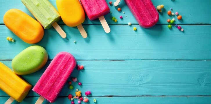 Assorted colorful popsicles arranged on turquoise painted wood , background, july