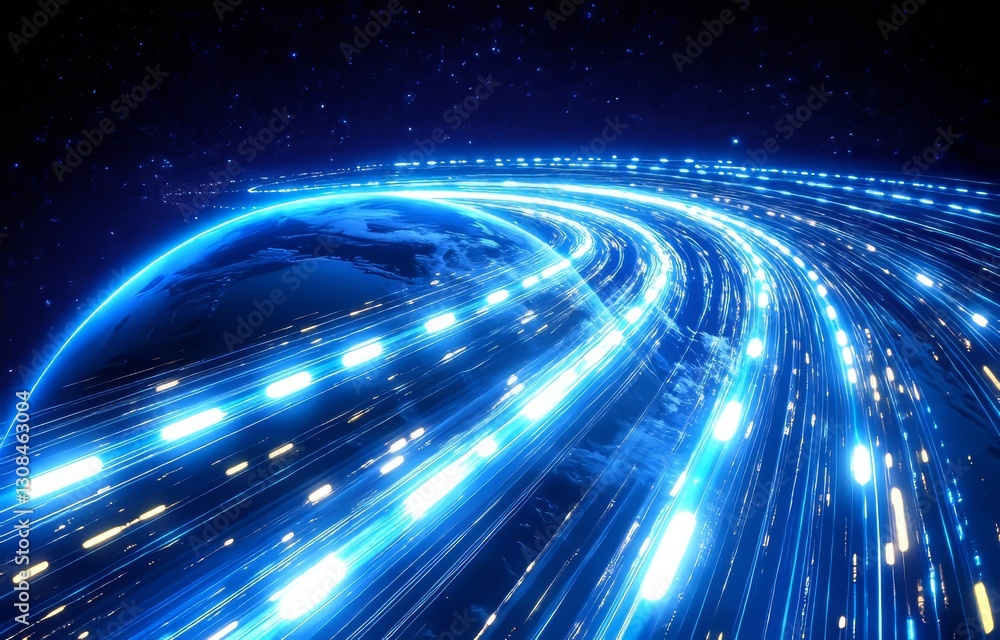 Poster an abstract globe illuminated by vibrant light trails represents swift global connection. the lines 