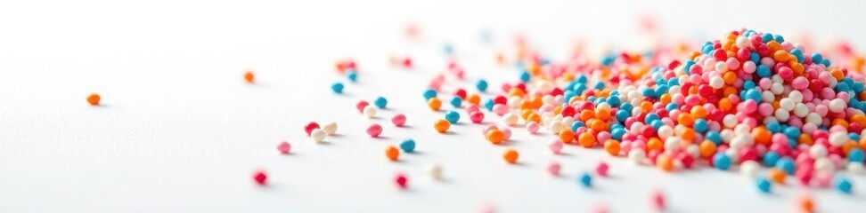 Close-up, assorted sprinkles burst, pure white background, sprinkles, bright, macro