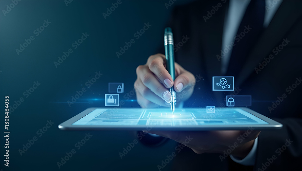 Poster flat holographic pen signing a floating digital document: a cute vector illustration of secure digit