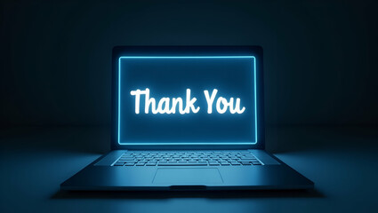Digital Communication Interface: Glowing Thank You Hologram Over Laptop Symbolizing Gratitude