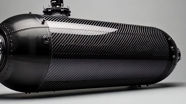 Detailed view of a sleek carbon fiber exhaust pipe with chrome accents and a glossy surface.