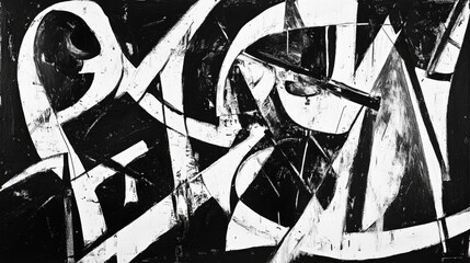 Naklejka premium A dynamic abstract composition in black and white with rough textures, sharp contrasts, and bold strokes creating depth and movement