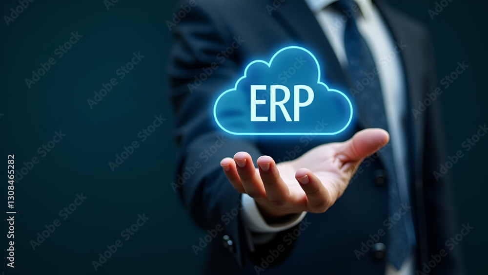 Poster hand holding holographic customization icon for erp software in cloud setup - minimalist concept