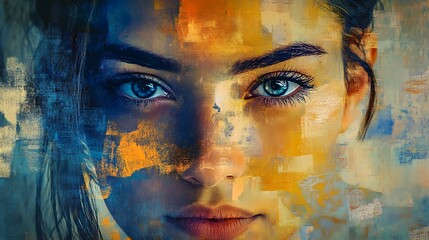 Abstract portrait of a woman with blue eyes, painted in shades of blue and orange.