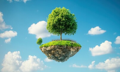 Floating island with tree, fence, grass in blue sky for environmental concepts