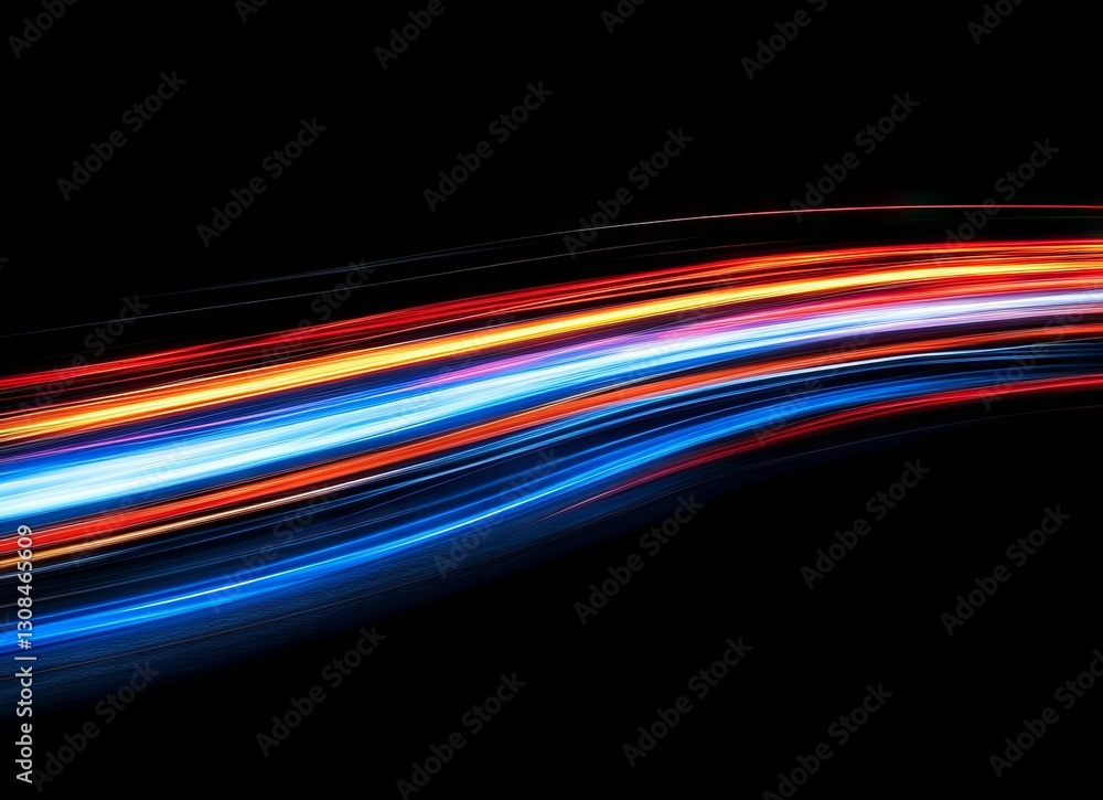 Poster dynamic streams of red and blue light sweep across a dark canvas, conveying speed and movement with 