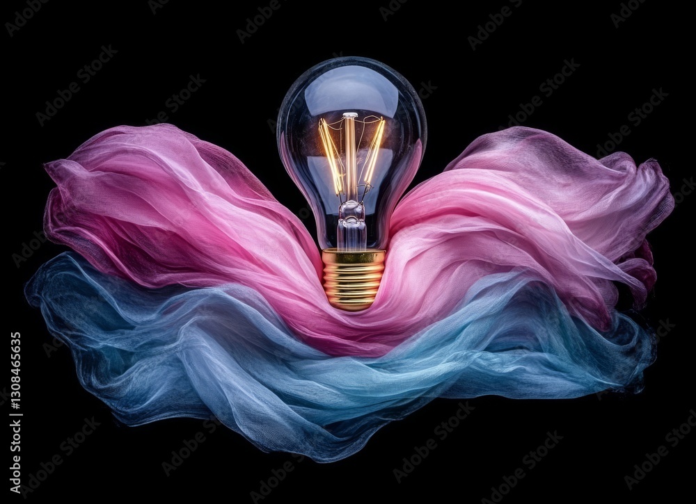 Poster a vivid double exposure picture displaying a bright light bulb filled with digital particles, agains