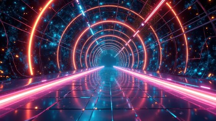 High-tech tunnel effects, Ultra-realistic futuristic tunnel with glowing neon beams holographic projections and vivid geometric patterns against a
