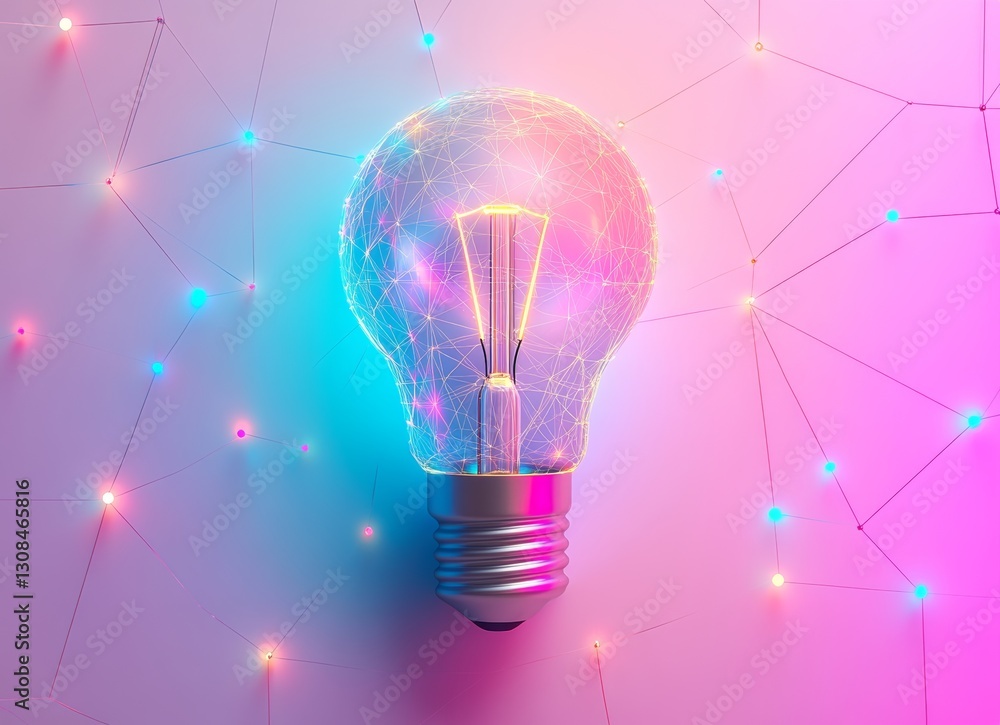Poster positioned centrally on a clean white backdrop, a shining lightbulb is surrounded by a digital netwo