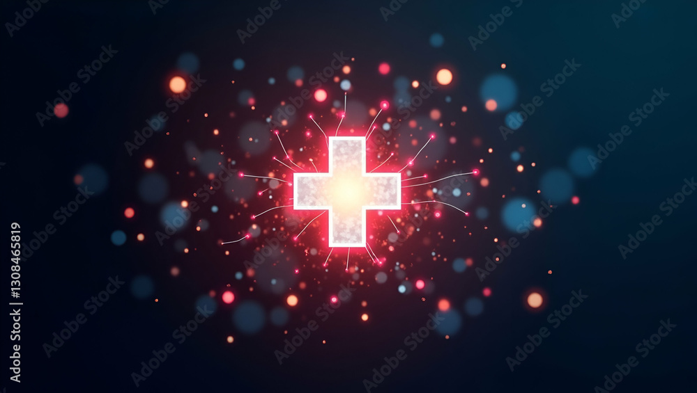 Poster glowing medical cross icon surrounded by holographic health symbols in a healthcare setting - stock 