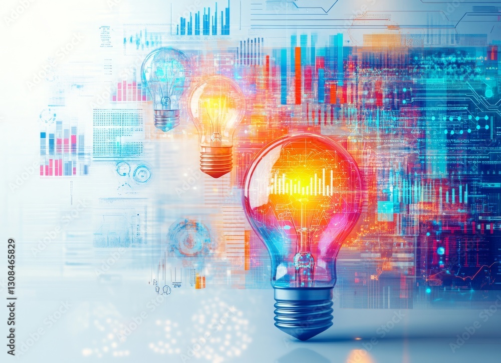 Poster centered on a spotless white backdrop, a radiant lightbulb is encircled by a digital network of inte