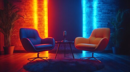 Modern podcast interview room wide banner with two chairs and microphones on dark background – ideal for media conversations and podcast streaming concepts with ample copyspace