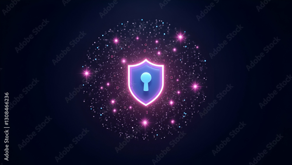 Aufkleber flat holographic shield icon surrounded by glowing data encryption symbols: a cute vector illustrati
