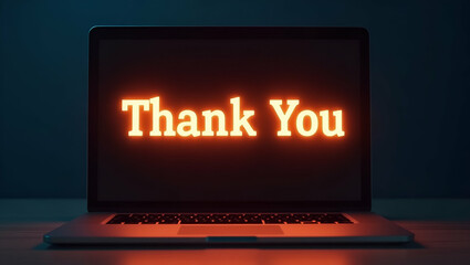 Flat Glowing Thank You message hovering over a laptop screen to express gratitude and appreciation in digital communications. concept as Visual of a glowing Thank You message hovering above a laptop s