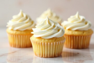Fluffy vanilla cupcakes, swirls of whipped cream , dessert photography, top view, pastry
