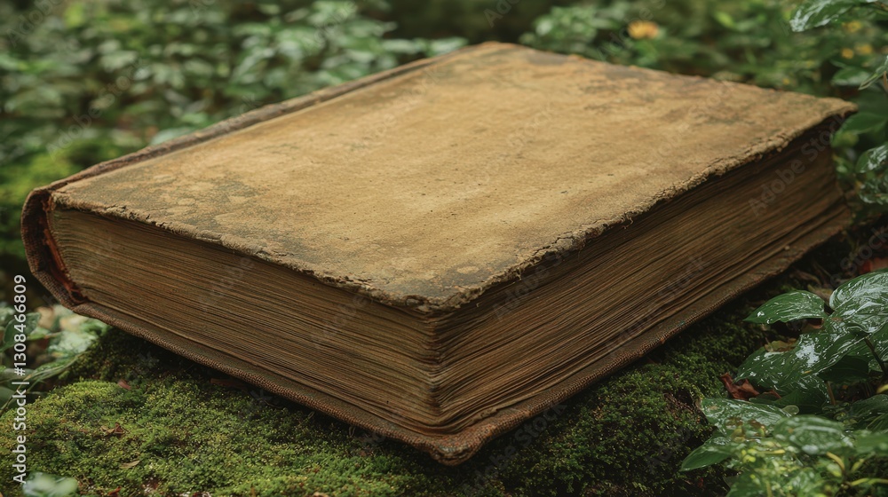 Poster a book resting on a moss-covered ground surrounded by nature creating a serene reading atmosphere