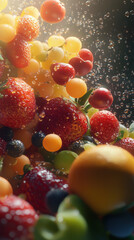 Fresh fruits including strawberries, grapes, and blueberries with water droplets