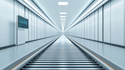 Obraz premium A sleek, modern corridor featuring rail tracks, illuminated by bright lights, creating a futuristic atmosphere.