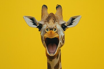 Hyper-realistic laughing giraffe, yellow background.