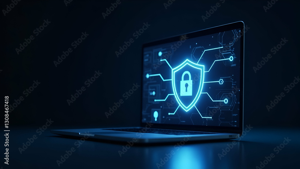 Poster laptop screen glowing with vpn activated shield and secure lock symbolizing safe online connection