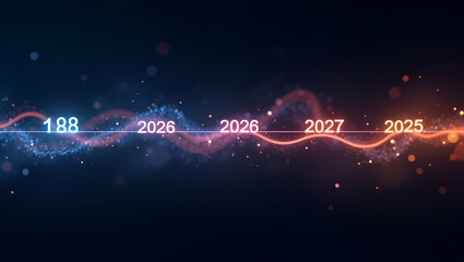 Flat Glowing holographic timeline from 2026 to 2027 with years being highlighted interactively to represent future planning in business strategy concept as Glowing holographic timeline from 2026 to 20