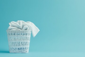White laundry basket, clean clothes, blue background, laundry day, home cleaning