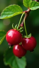 Juicy cranberry, vibrant red, green leaf detail , healthy, fall