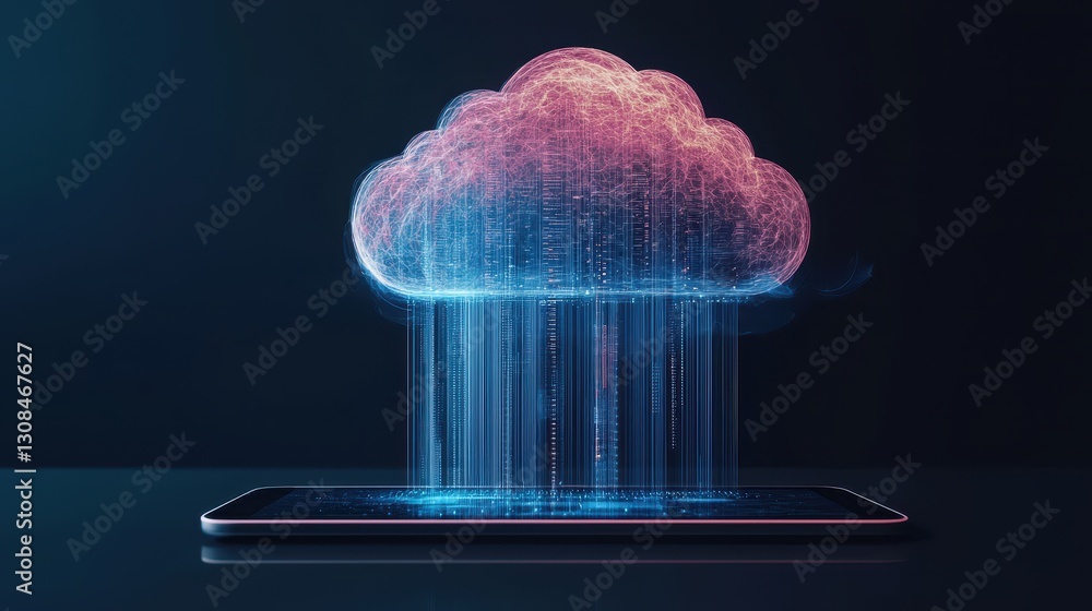 Poster digital cloud technology concept with data streams and tablet