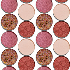 Eyeshadow palette seamless pattern, mix of shimmer shades in red, brown hues. Minimal top view pattern for beauty, makeup, cosmetic themes, Vivid shine color swatches eyeshade refills round shape