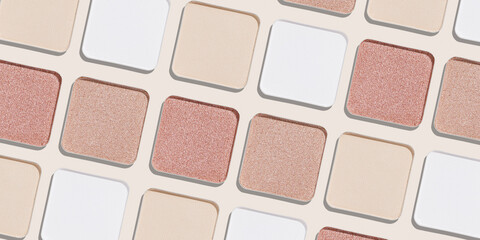 Neutral Eyeshadow palette background, mix of matte and shimmer shades white pink beige hues. Aesthetic top view pattern for beauty, makeup, cosmetics banner, colored swatches eyeshade refills