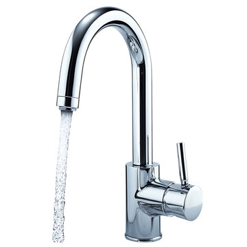 Chrome kitchen faucet with water flowing.