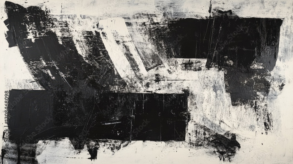 Poster a monochromatic abstract composition with bold, sweeping strokes and rough textures creating an inte