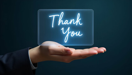 Flat Hand Holding Holographic Thank You Banner: A Cute Vector Illustration Representing Gratitude Gestures in Customer Interactions for Smart Business Communication