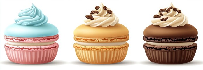 Scrumptious sweets: a cake with chocolate and cherries, a meringue with berries, and a colorful assortment of macarons. Three delectable desserts presented on plates