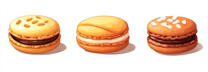 Three scrumptious desserts are on display: a cannoli packed with cream, a colorful tower of macarons, and an eclair with a chocolate topping