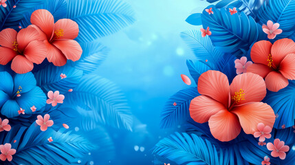 Naklejka premium Tropical Floral Arrangement: A serene summer setting with hibiscus blooms and palm fronds, perfect for a calming poster or invitation