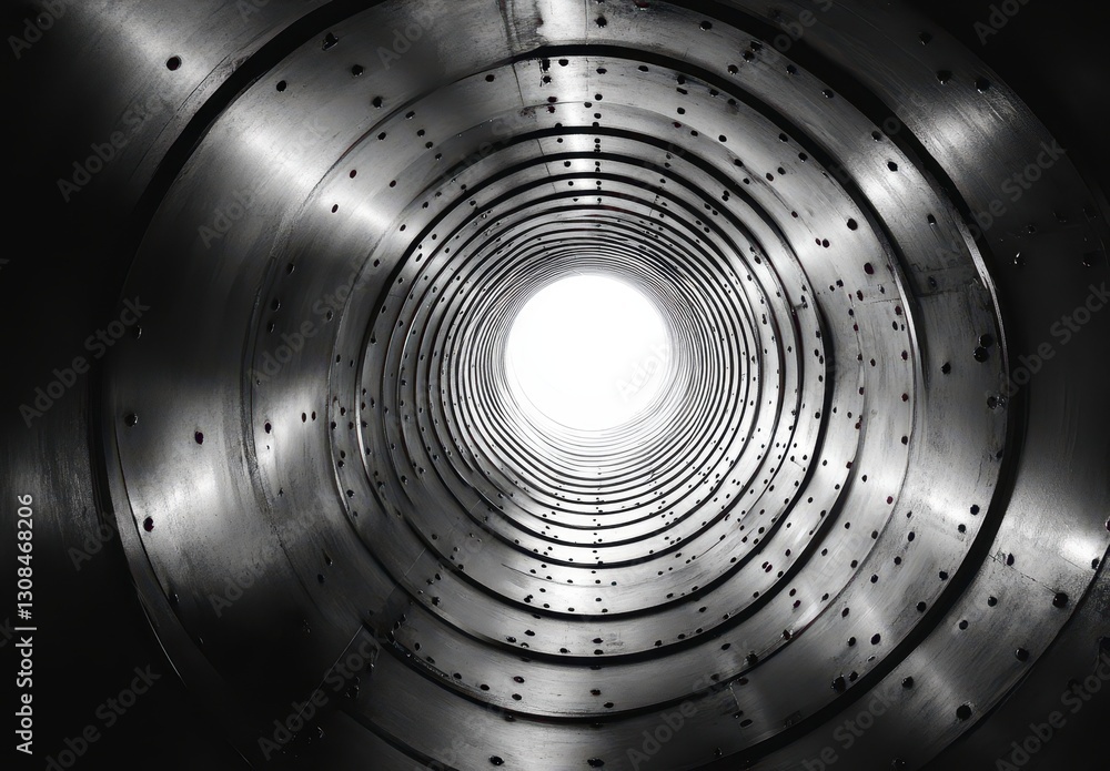 Poster abstract view looking upward inside a metallic pipe with shiny interior and bright light at the end 
