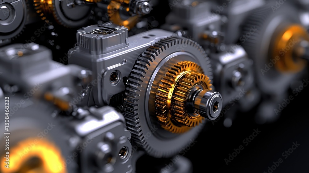 Poster intricate close-up of metallic gears and mechanisms in motion