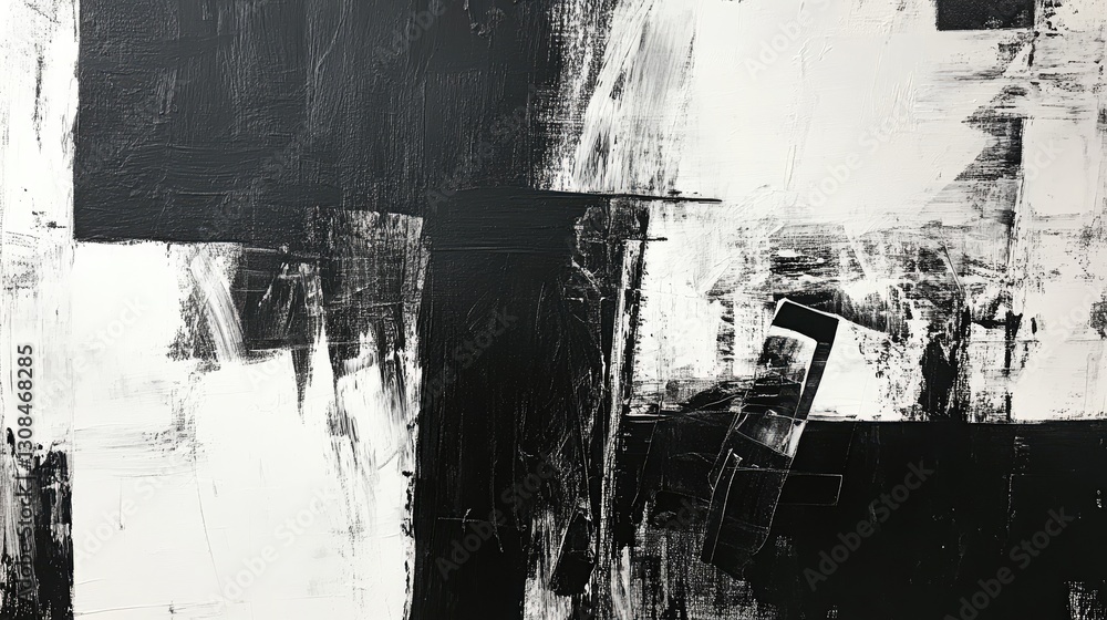 Poster a monochromatic abstract composition with bold, sweeping strokes and rough textures creating an inte