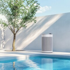 Naklejka premium Modern air purifier by a swimming pool in a sunny backyard.