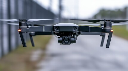 Black Drone Flying Over Road with Blurred Background Environment