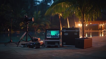 Nighttime film production setup by tropical pool.