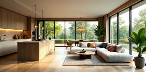 Fototapeta premium Open plan kitchen living space, modern design, apartment, chic