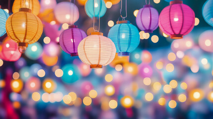 Celebration with hanging paper lanterns with colorful lights for a festive atmosphere, design element for a party poster, card or invitation