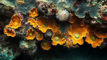 Fototapeta premium Vibrant coral reef displays colorful yellow corals under clear blue water in a tropical marine environment
