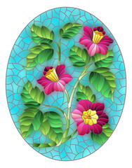 Illustration in stained glass style with pink flowers on a blue sky background, rectangular image