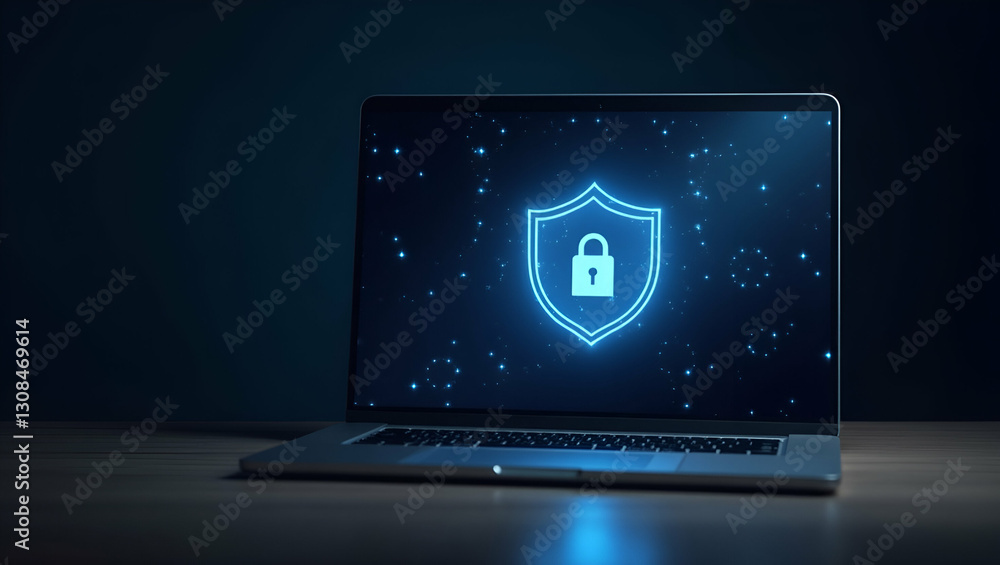 Poster laptop screen glowing with vpn activated shield and secure lock symbolizing safe online connection
